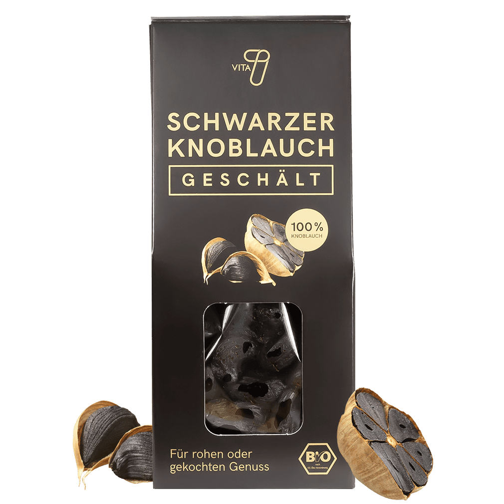 Edle schwarze Pyramidenverpackung von vita7 mit geschältem schwarzem Knoblauch und Golddruck, Sichtfenster inklusive.