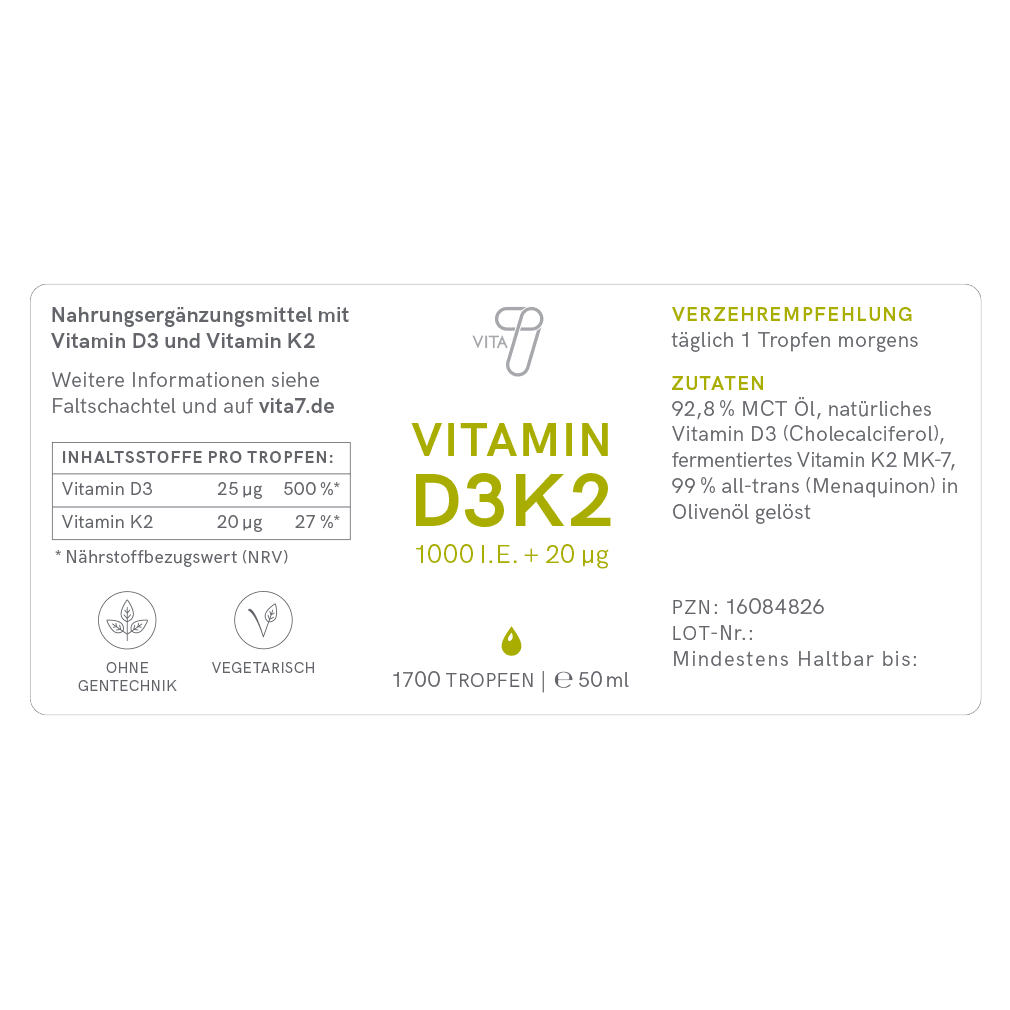 Bild der Verpackung der vita7 Vitamin D3K2 Tropfen, zeigt detailliert die Inhaltsstoffe und Zusammensetzung des Produkts.