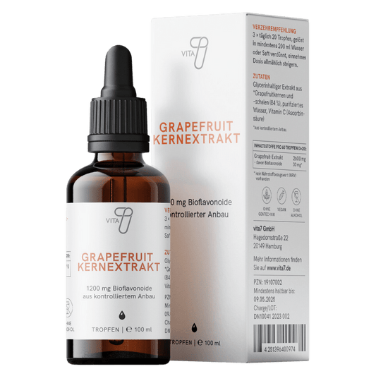 Grapefruitkernextrakt-aus Kernen und Schalen-Nahrungsergänzungsmittel-in Braunglas mit Pipette-vor weißer Faltschachtel
