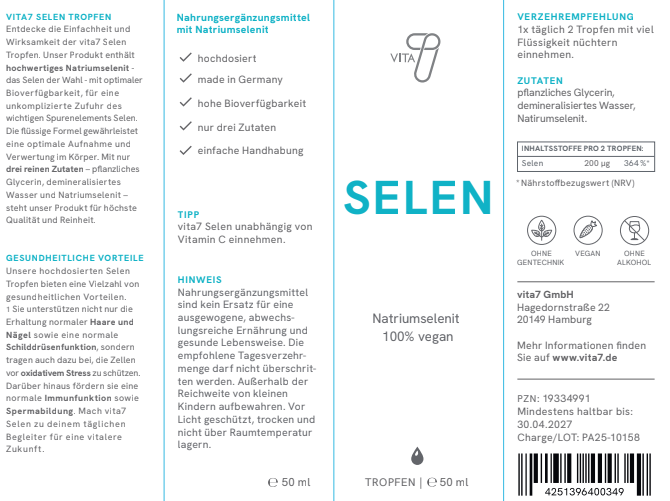 vita7 Selen Tropfen hochdosiert – flüssiges Selen in Braunglasflasche mit Pipette, 50 ml