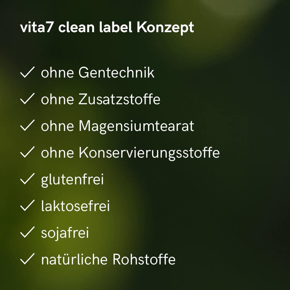 Darstellung des Clean Label Konzepts von vita7 für SkinHydral⁺, unterstreicht die Verpflichtung zu natürlichen und reinen Inhaltsstoffen.