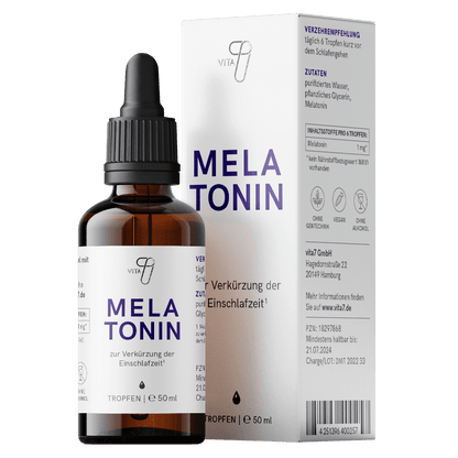 Braunglasflasche der vita7 Melatonin Tropfen, hervorgehoben durch die einfache und reine Zusammensetzung, ideal für die Förderung des Schlafes.