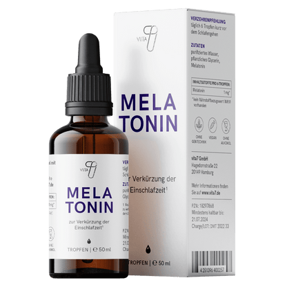 Braunglasflasche der vita7 Melatonin Tropfen, hervorgehoben durch die einfache und reine Zusammensetzung, ideal für die Förderung des Schlafes.