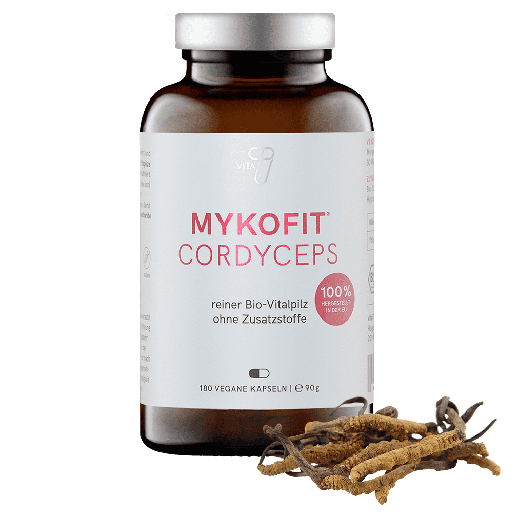 Braunglasflasche mit MYKOFIT® Bio Cordyceps Kapseln, hervorhebt die natürliche Qualität und Reinheit des Produkts.