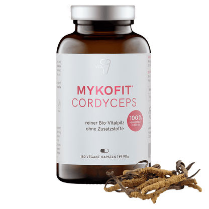 Braunglasflasche mit MYKOFIT® Bio Cordyceps Kapseln, hervorhebt die natürliche Qualität und Reinheit des Produkts.