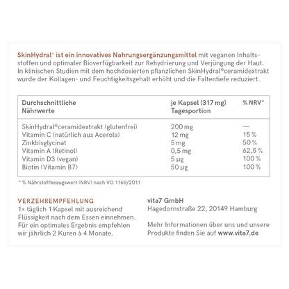 Verpackung von SkinHydral⁺ mit hervorgehobenen Inhaltsstoffen, zeigt Transparenz und Reinheit des Produkts.