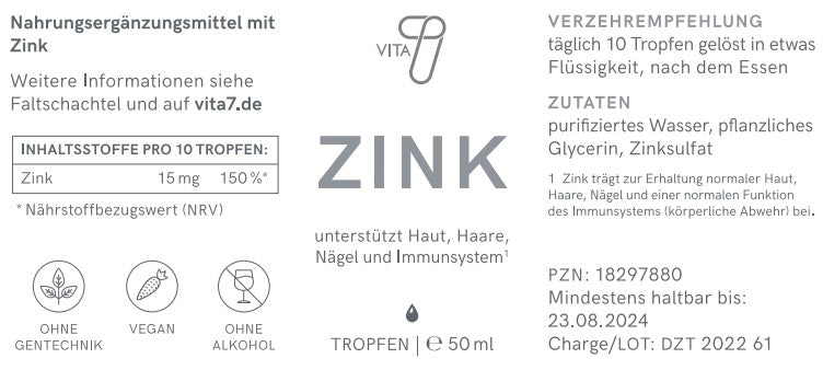 Bild der Verpackung der vita7 Zink Tropfen mit hervorgehobenen Inhaltsstoffen, zeigt Transparenz und Informationsgehalt für die Verbraucher.