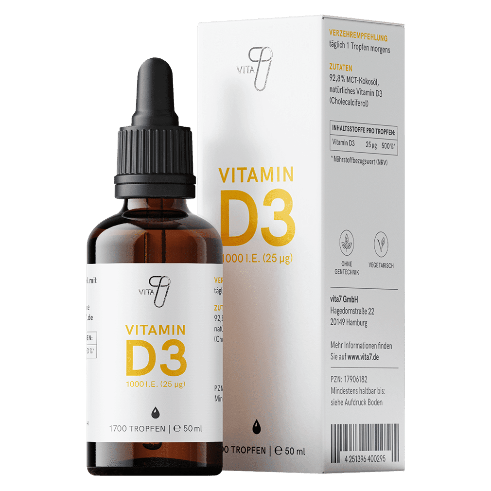 Produktbild der Vitamin D3 Tropfen von vita7 in einer edlen Braunglasflasche, veranschaulicht die hohe Qualität und Reinheit des Supplements.