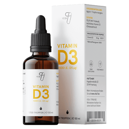 Produktbild der Vitamin D3 Tropfen von vita7 in einer edlen Braunglasflasche, veranschaulicht die hohe Qualität und Reinheit des Supplements.