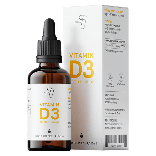 Produktbild der Vitamin D3 Tropfen von vita7 in einer edlen Braunglasflasche, veranschaulicht die hohe Qualität und Reinheit des Supplements.