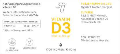 Bild der Verpackung der vita7 Vitamin D3 Tropfen, zeigt detailliert die Inhaltsstoffe und Zusammensetzung des Produkts.